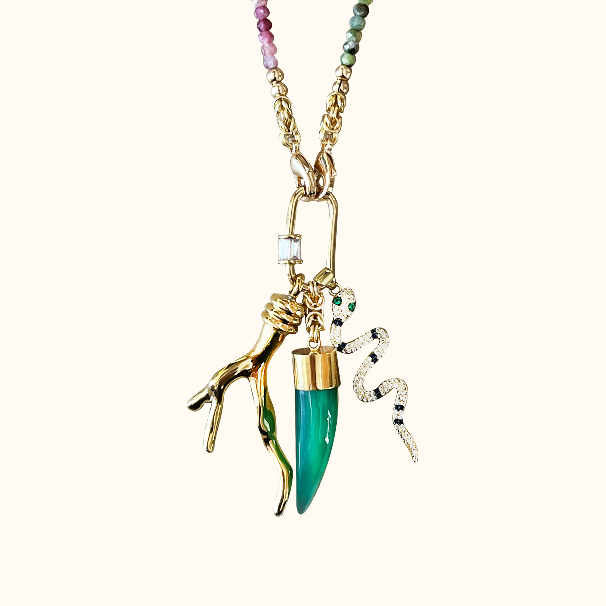 Amazonia Necklace Tourmaline, gold coral, tusk, snake.