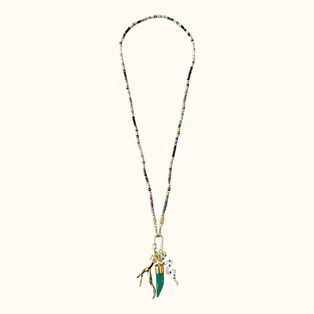 Amazonia Necklace Tourmaline, gold coral, tusk, snake.